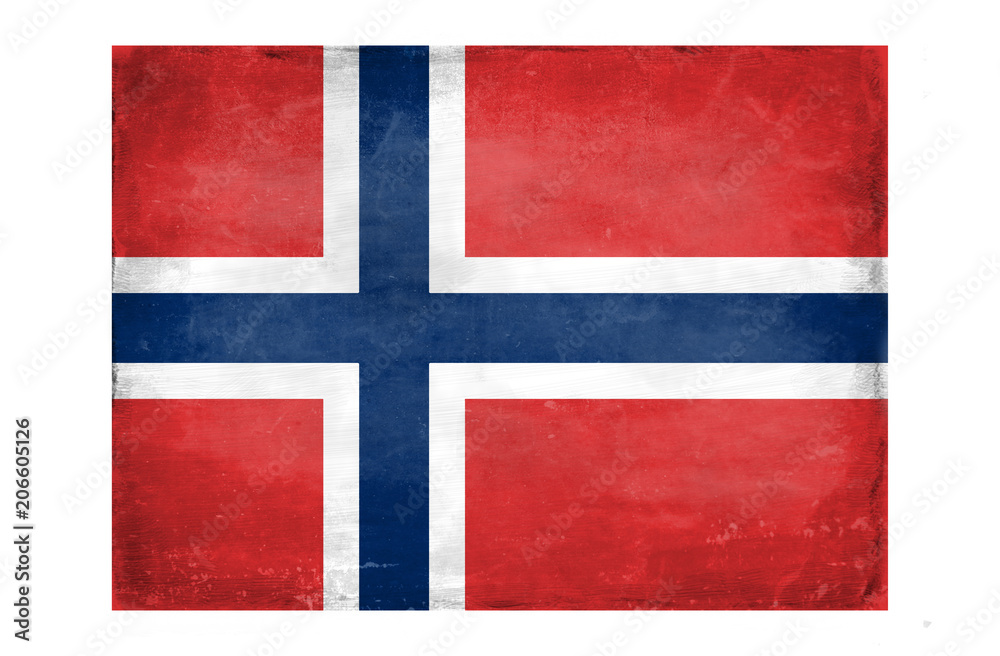 Norwegian flag with traces of use in battle and destruction from difficult warfare Norwegian flag with traces of use in battle and destruction from difficult warfare