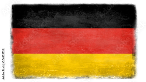 German flag with traces of use in battle and destruction from difficult warfare