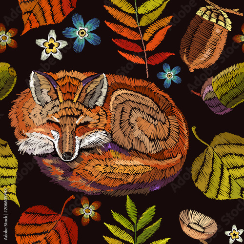 Embroidery fox, autumn seamless pattern. Classical september embroidery autumn leaves and sleeping fox. Fashionable template for design of clothes