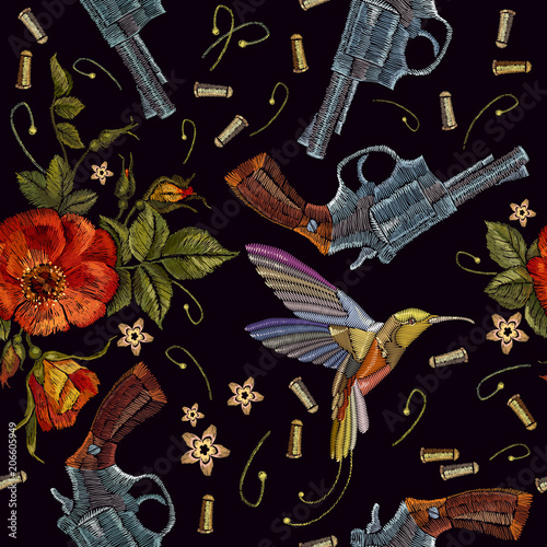 Embroidery birds, old guns and red roses seamless pattern. Romantic embroidery old revolvers, roses and humming birds gangster gothic pattern