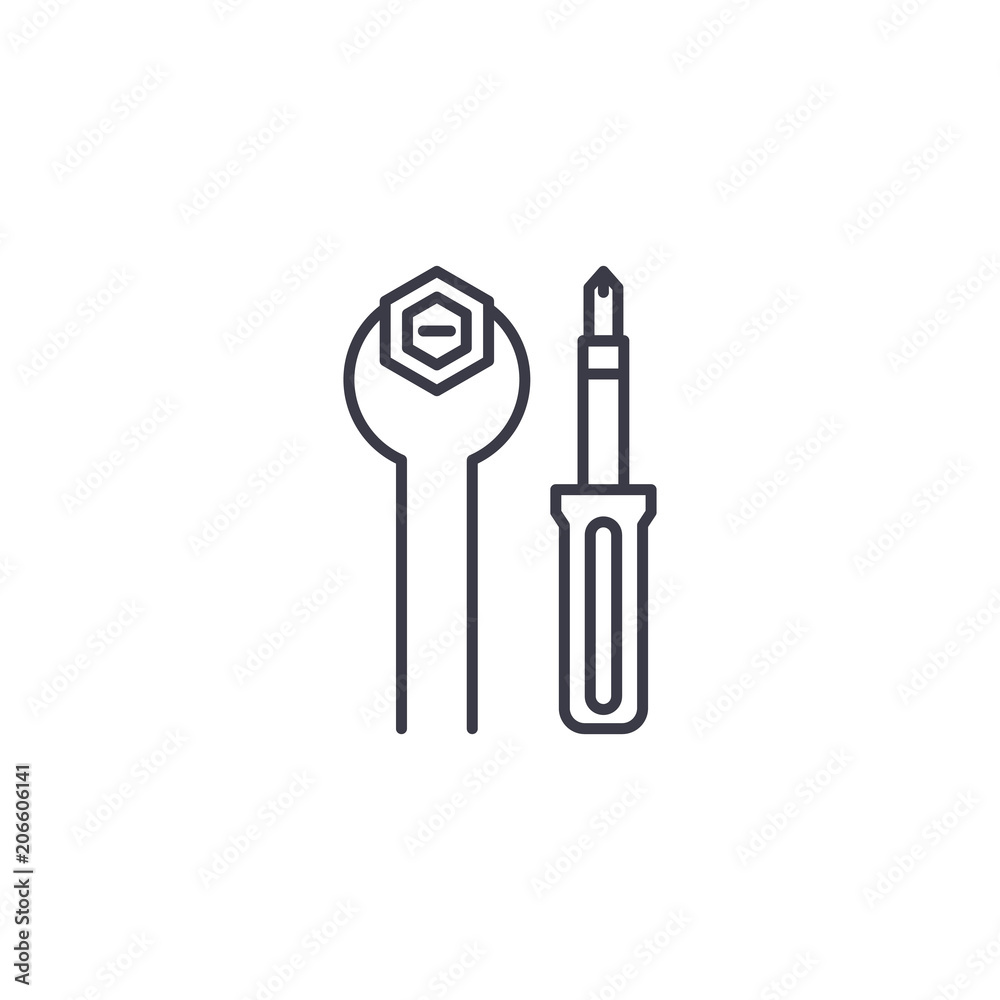 Hand tools linear icon concept. Hand tools line vector sign, symbol, illustration. Hand tools linear icon concept. Hand tools line vector sign, symbol, illustration.