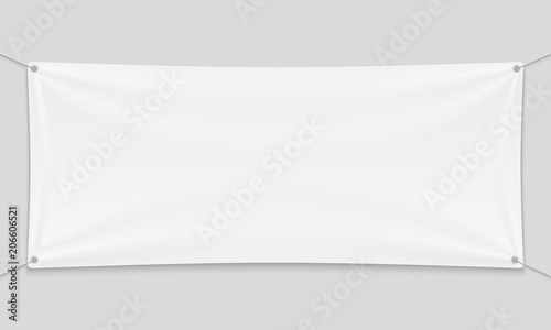Empty mockup white textile banner with folds on ropes.