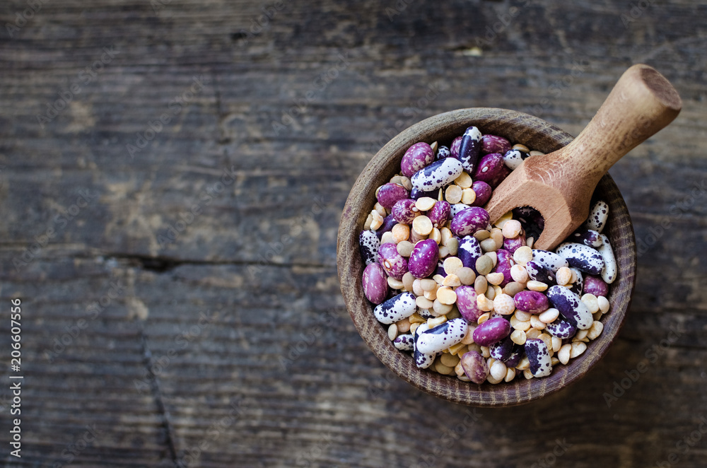 Assortment of dry organic beans and lentils
