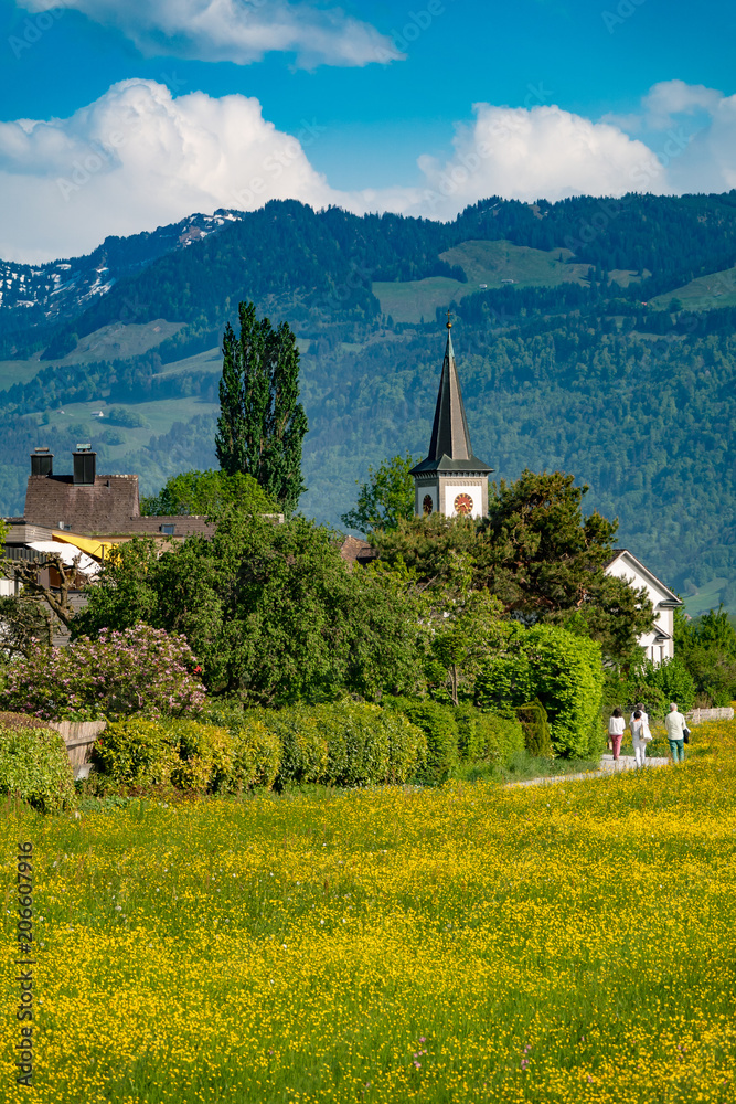 The charming village of Busskirch (Kirchdorf), Rapperswil-Jona, Sankt Gallen, Switzerland. Located in an idyllic lakeside shore of the Obersee (Upper Lake Zurich)