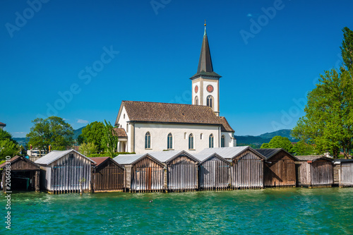 The charming village of Busskirch (Kirchdorf), Rapperswil-Jona, Sankt Gallen, Switzerland. Located in an idyllic lakeside shore of the Obersee (Upper Lake Zurich)