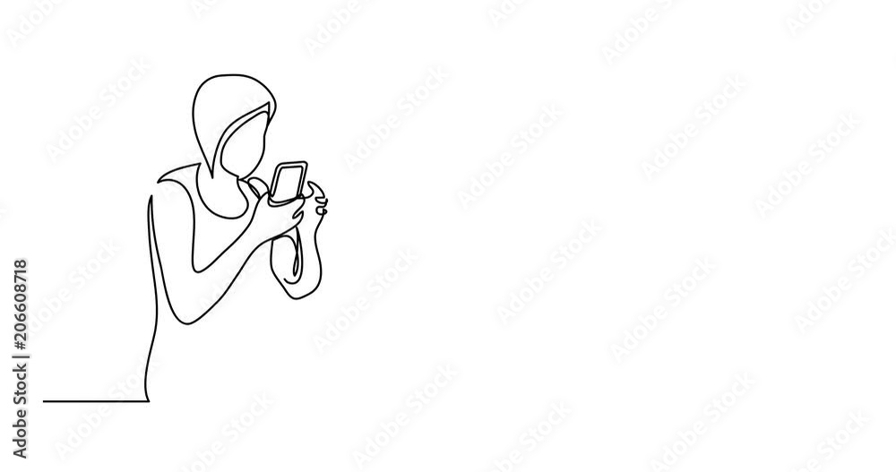 Self drawing animation of continuous line drawing of sitting young woman reading smart phone Self drawing animation of continuous line drawing of sitting young woman reading smart phone