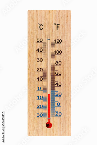 Wooden meteorology thermometer isolated on white background. Air temperature minus 4 degrees celsius