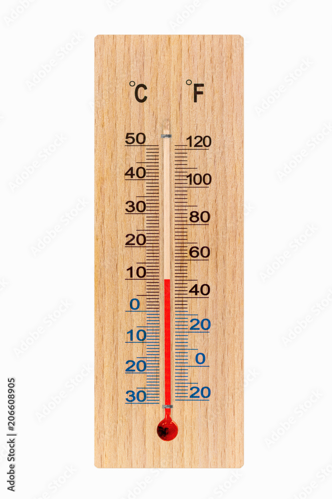 Wooden meteorology thermometer isolated on white background. Air temperature plus 10 degrees celsius