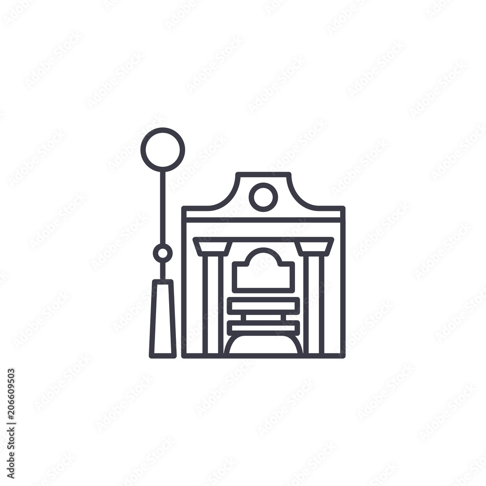 Railway station linear icon concept. Railway station line vector sign, symbol, illustration. Railway station linear icon concept. Railway station line vector sign, symbol, illustration.