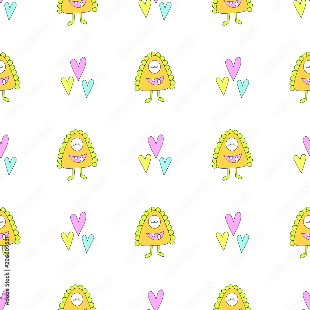 Seamless baby pattern with monster and hearts. Best Choice for cards, invitations, printing, party packs, blog backgrounds, paper craft, party invitations, digital scrapbooking.