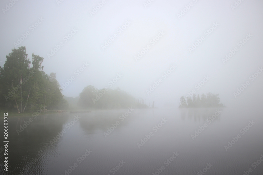 Fototapeta premium foggy lake and a fog covered island