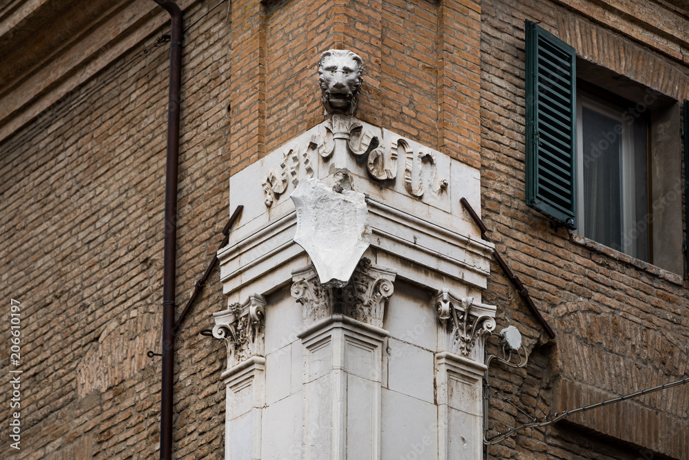FERRARA, ITALY - May 01, 2018: details of Palace Jule d’Este in Hercules d’Este street, Ferrara, Emilia-Romagna, Italy