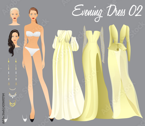 Body Template with Outfits and Accessories for Evening Look : Vector Illustration