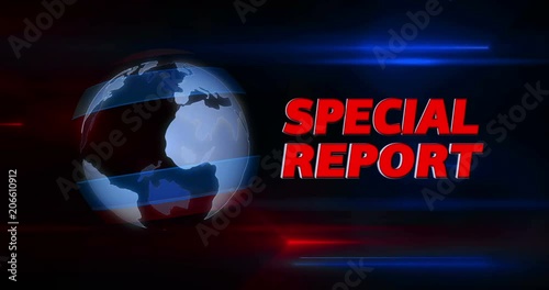 Special report broadcasting news intro graphics animation. Lead-in with rotating globe and title on abstract dynamic red and blue lights in background.