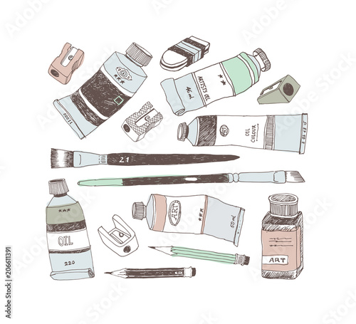 Hand drawn art tools and supplies set