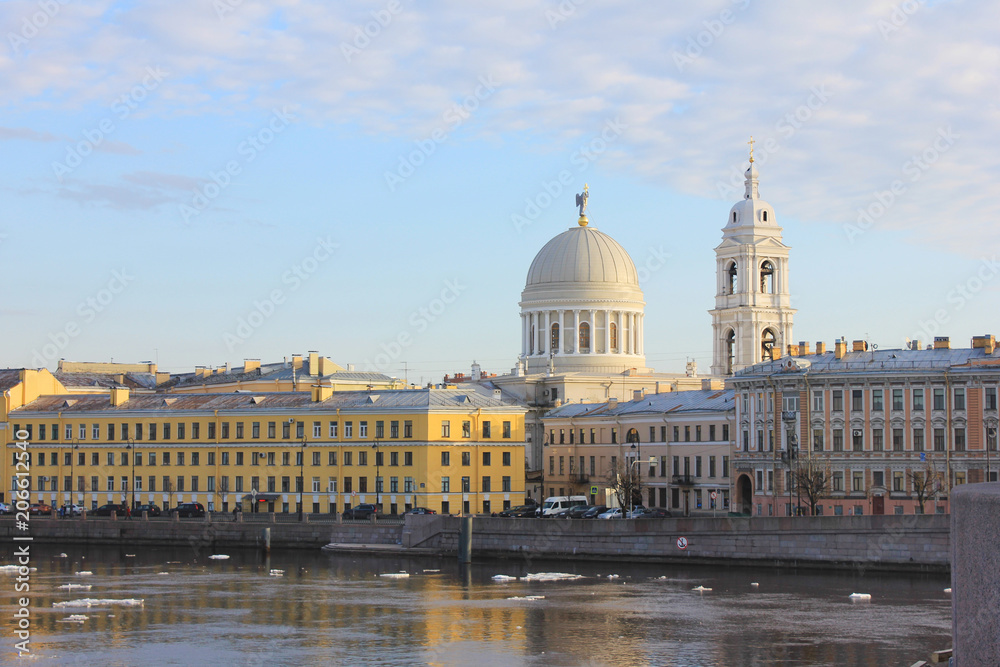 Classic Historical Architecture Buildings and Orthodox Cathedral Cityscape View in St. Petersburg, Russia. Outdoor City Center Scene, Colorful Houses on River Embankment Close Up Architectural View.