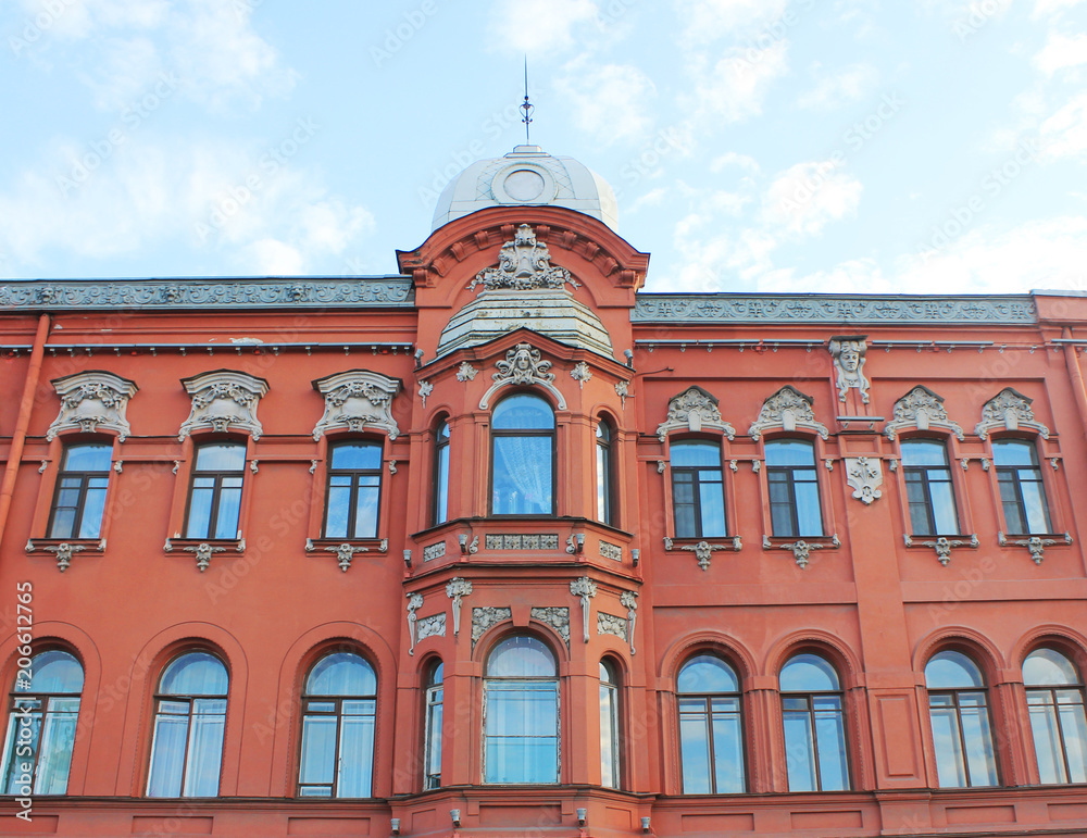 Classic Old Building Historic Facade of Red Wall House with Windows, Vintage Style Effect Image. Classic Decorative City Center House Exterior, Front View of Traditional European Style Building.