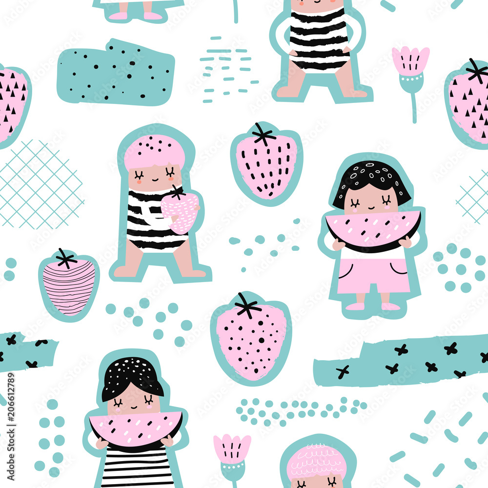 Childish Seamless Pattern with Cute Girls with Fruits. Creative Kids  Background with Watermelons and Strawberries for Fabric, Textile, Wallpaper,  Wrapping Paper. Vector illustration Stock Vector | Adobe Stock