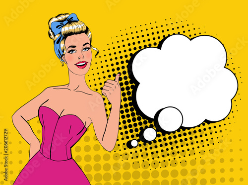 Pop Art Pretty Blonde Woman Posing with Thumb Up Sign. Joyful Girl Vintage Poster with Comic Speech Bubble. Pin Up Advertising Placard Banner. Vector illustration