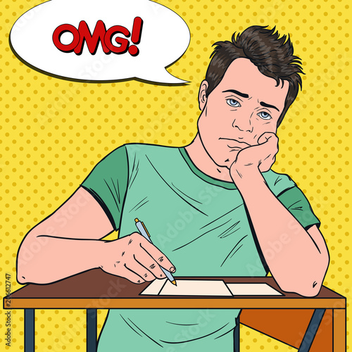 Pop Art Exhausted Male Student Sitting on the Desk During Boring University Lecture. Tired Handsome Man in College. Education Concept. Vector illustration