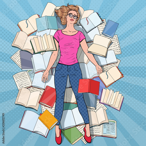 Pop Art Exhausted Student Lying on the Floor among Books. Overworked Young Woman Preparing for Exams. Education Concept. Vector illustration