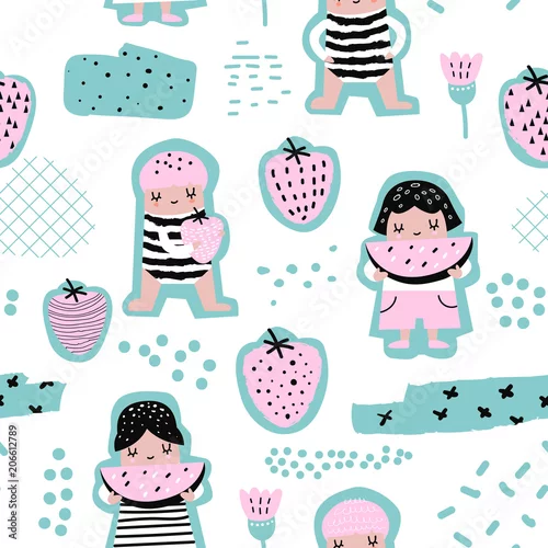 Tapeta Dziecinna wzór z słodkie dziewczyny z owocami. Tło kreatywnych dzieci z arbuzów i truskawek do tkanin, tekstyliów, tapety, papier pakowy. Ilustracji wektorowych