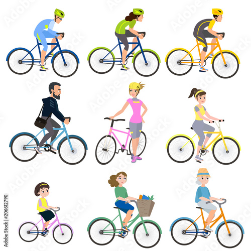 Multicolored bicycles people on their haste on their own affairs