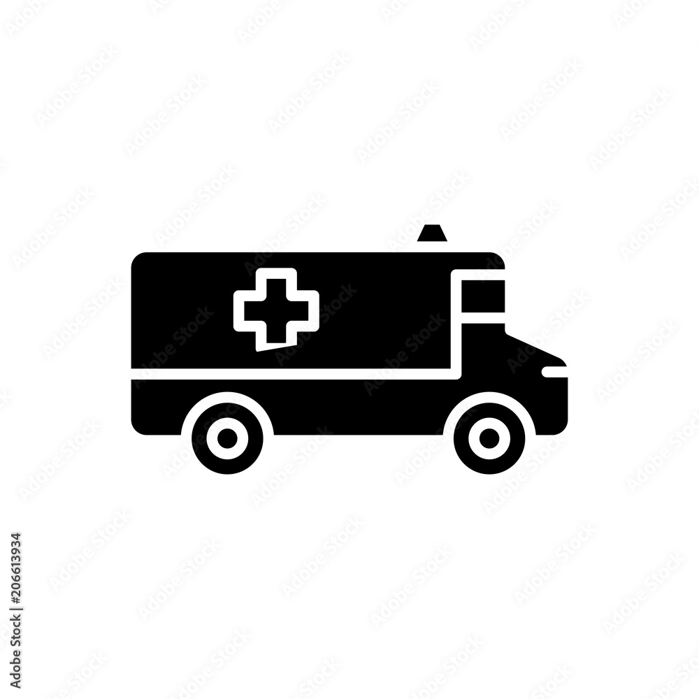 Ambulance car black icon concept. Ambulance car flat  vector symbol, sign, illustration.