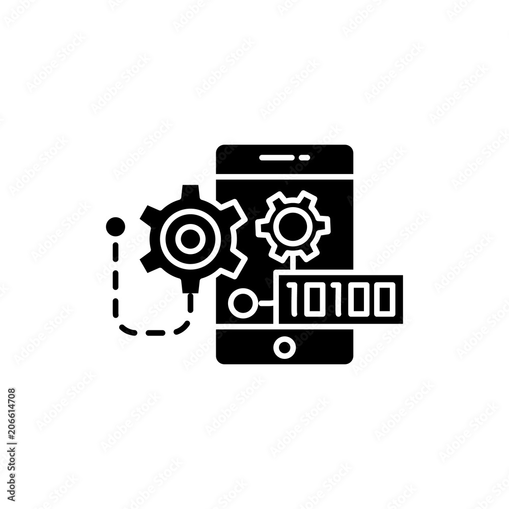 Binary mobile code black icon concept. Binary mobile code flat vector symbol, sign, illustration. Binary mobile code black icon concept. Binary mobile code flat vector symbol, sign, illustration.