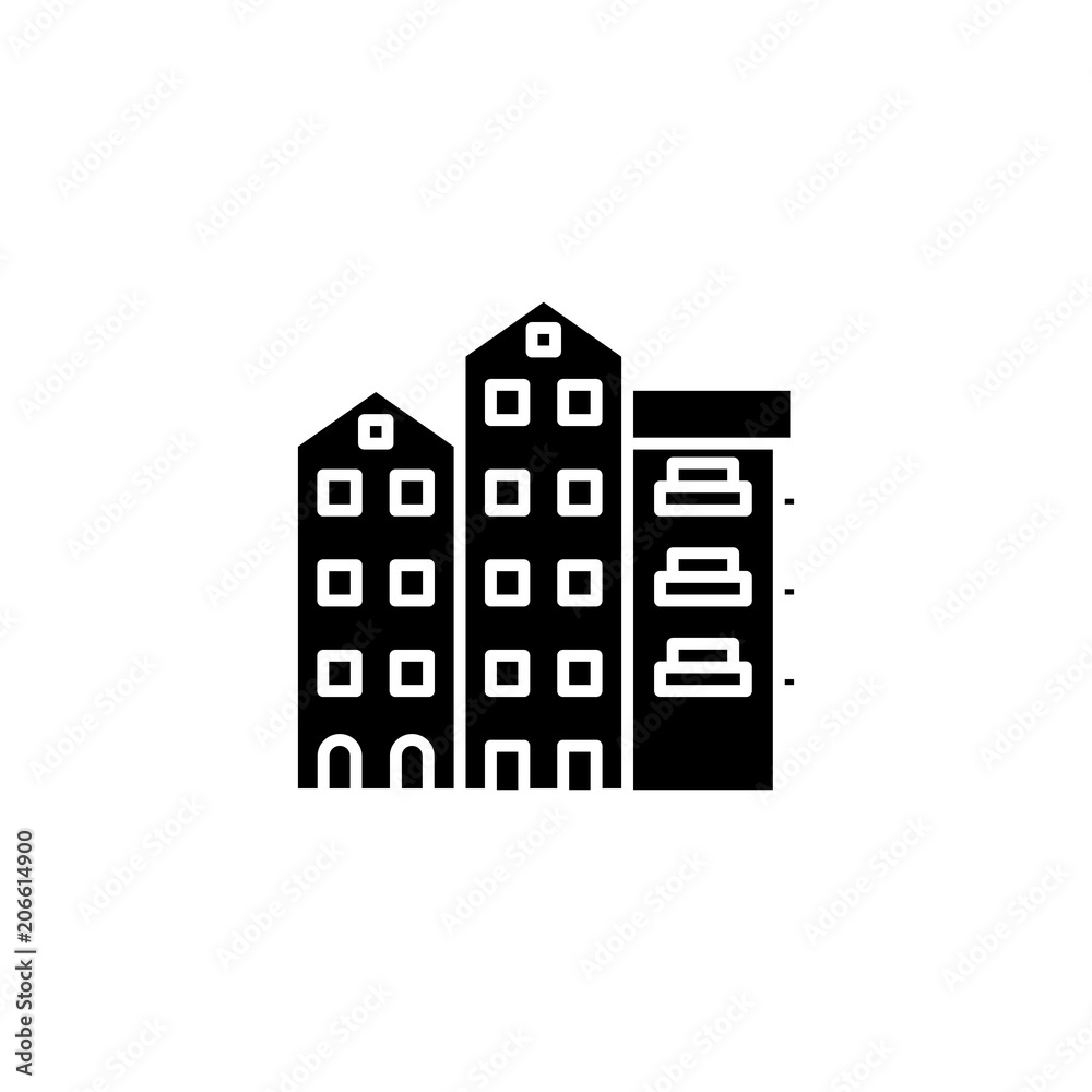 Block of flats black icon concept. Block of flats flat  vector symbol, sign, illustration.