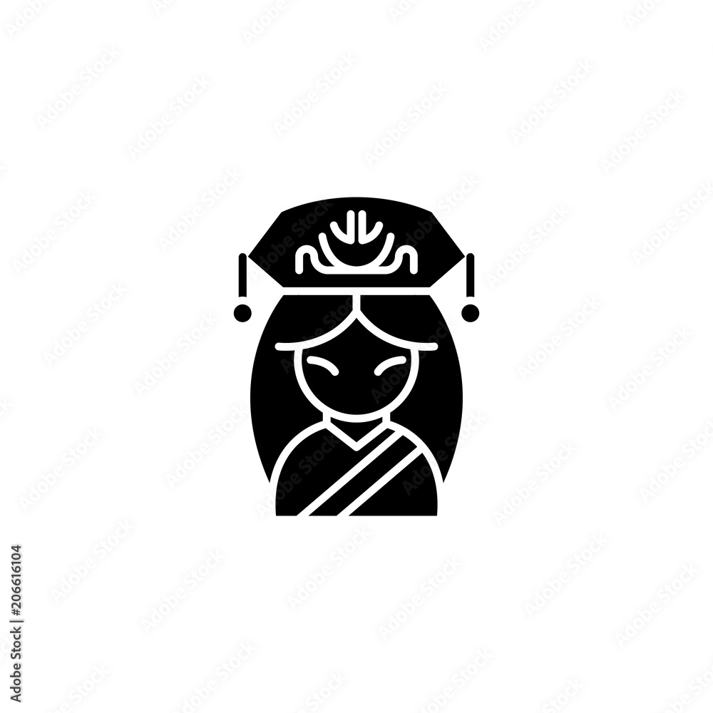 Chinese woman black icon concept. Chinese woman flat  vector symbol, sign, illustration.
