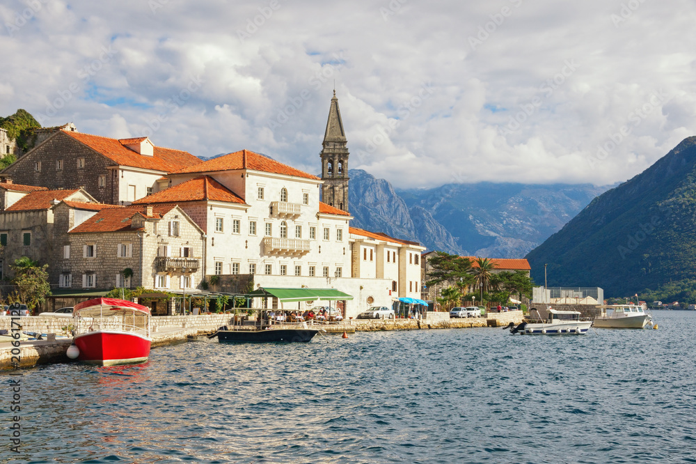 Montenegro. View of the ancient town of Perast with the bell tower of the church of St. Nicholas. Bay of Kotor, autumn