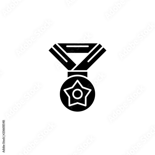 Medal with star black icon concept. Medal with star flat vector symbol, sign, illustration.