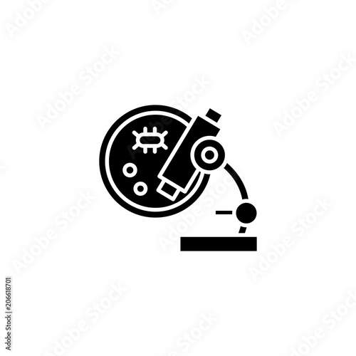Microscopic analysis black icon concept. Microscopic analysis flat vector symbol, sign, illustration.