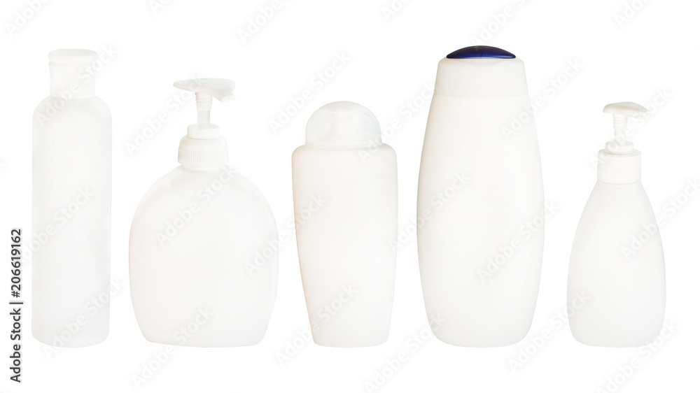 Set of blank plastic bottles isolated on white background. Cleaning, product of hair care, shampoo, soap concept.