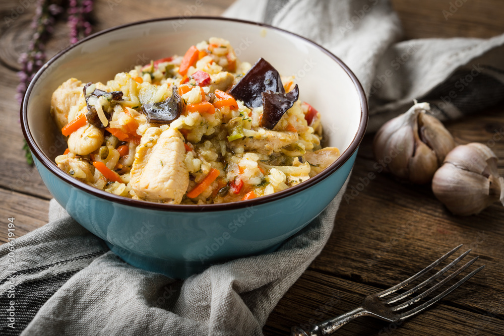 Risotto with chicken and vegetables. Risotto with chicken and vegetables.