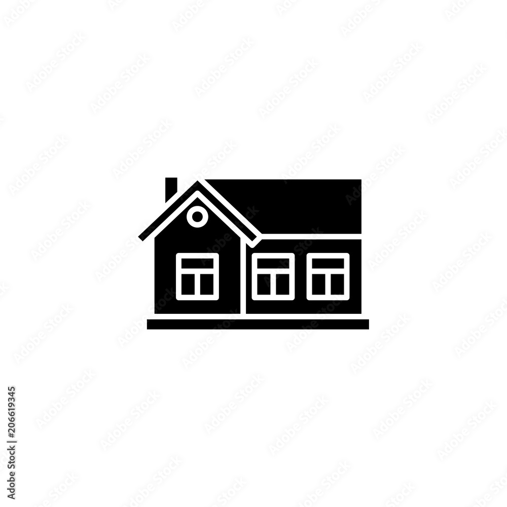 One-storey house black icon concept. One-storey house flat vector symbol, sign, illustration. One-storey house black icon concept. One-storey house flat vector symbol, sign, illustration.