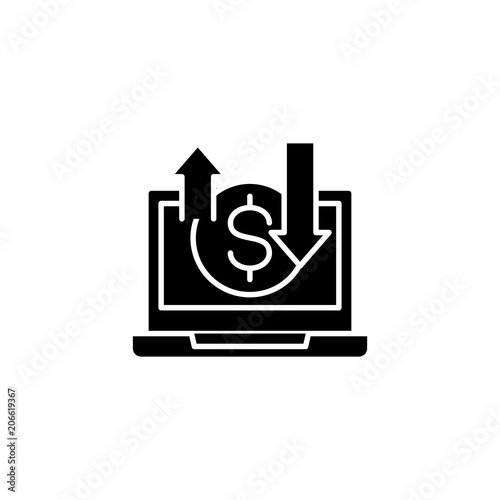 Online business black icon concept. Online business flat vector symbol, sign, illustration.