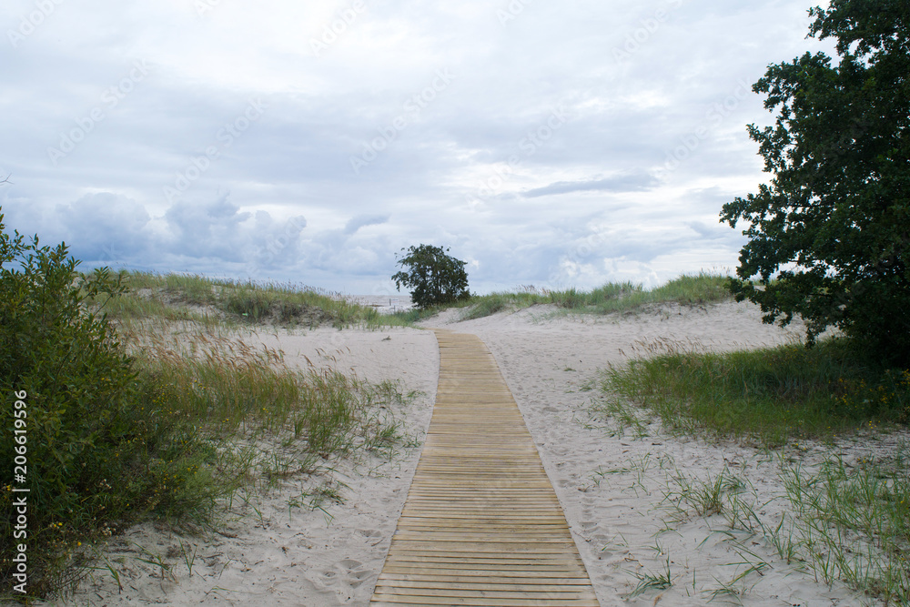 Boardwalk leading through the dunes to the beach at Parnu, Estonia