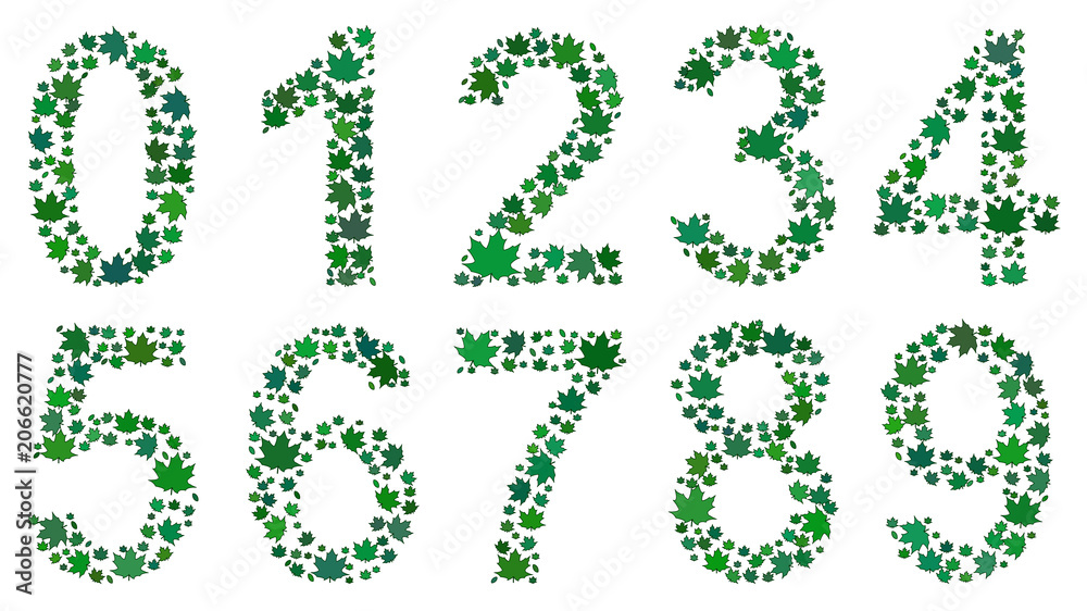 Set of digits from 0 to 9, consisting of green leaves on white background Set of digits from 0 to 9, consisting of green leaves on white background