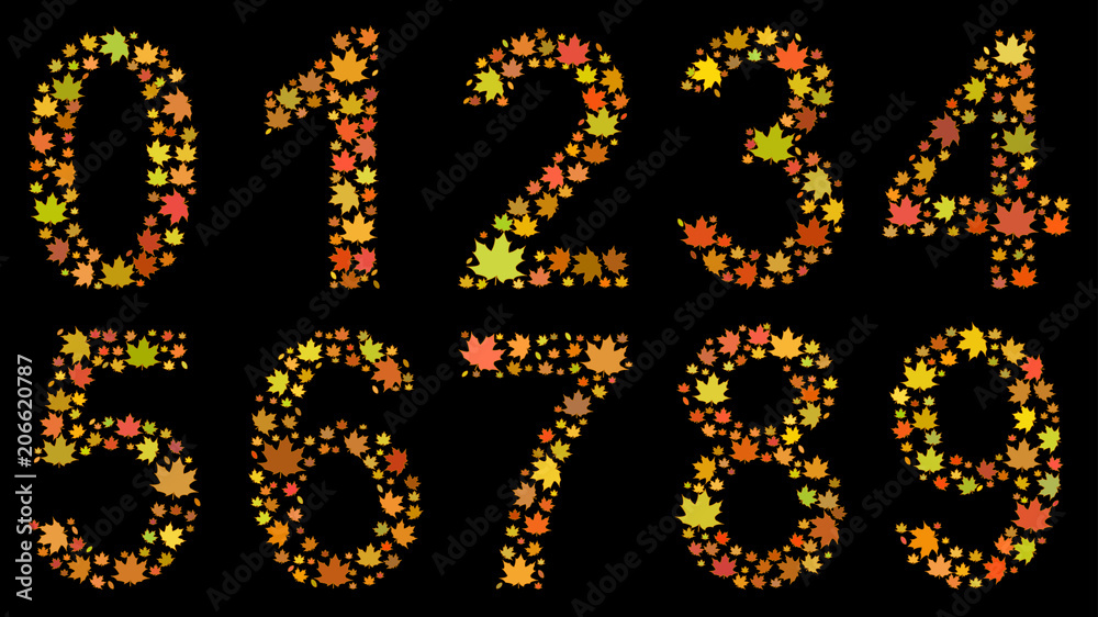 Set of digits from 0 to 9, consisting of yellow autumn leaves on black background Set of digits from 0 to 9, consisting of yellow autumn leaves on black background