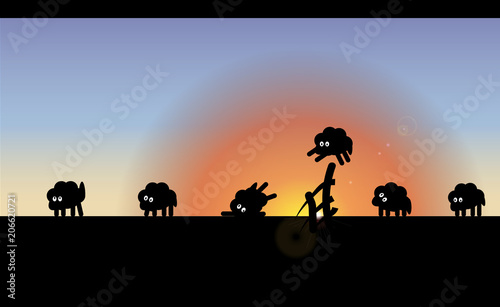Background painstakingly counting young sheep jumping over the fence  until the morning. Vector illustration in sleep