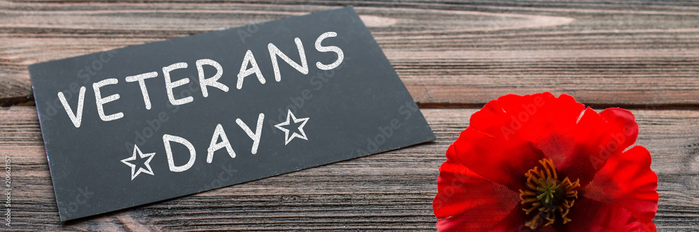 the text thank you veterans written in a chalkboard and red poppy on a rustic wooden background. banner the text thank you veterans written in a chalkboard and red poppy on a rustic wooden background. banner