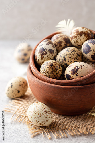 Fresh quail eggs in ceramic bowl on gray stone background