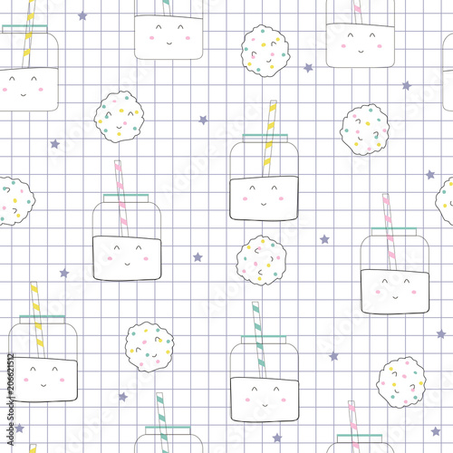 Cute seamless pattern with milk and cake. Vector hand drawn illustration.