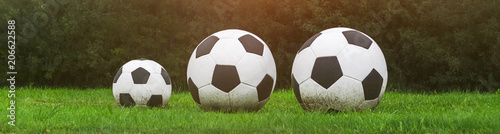 Three soccer balls stand in a row on the green grass. Sport game. banner photo