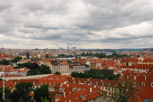 Czech Republic, Prague, July 25, 2017: Panoramic view of the city. Red Roofs of houses and structures of the old city in the summer in cloudy cloudy weather