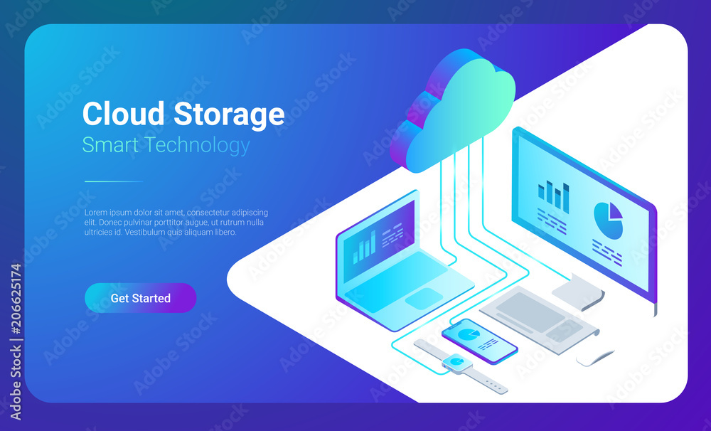 Isometric Flat Cloud Hosting Network Storage vector