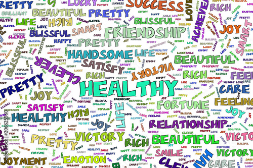 Healty, abstract positive emotion word cloud illustrations background. Vector, drawing, template & digital.