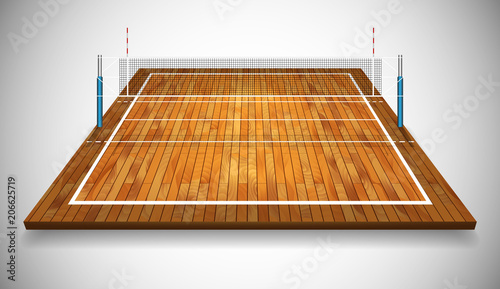 Perspective vector illustration of hardwood vollyball field court with net. Vector EPS 10. Room for copy